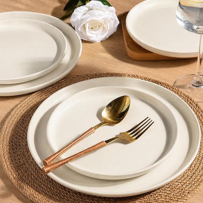GBHOME 24-Piece Ceramic Dinnerware Set for 6, Handpainted Plates, Pasta Bowls & Bowls Set with Rustic Terracotta Underside, Scratch-Resistant, Dishwasher & Microwave Safe,Speckled Glaze Beige