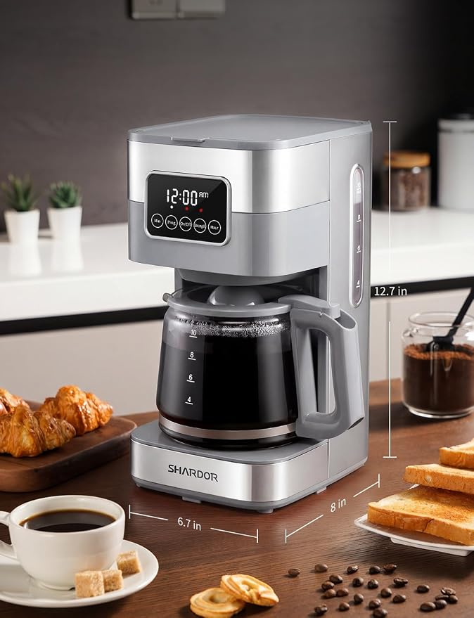 SHARDOR 10-Cup Programmable Coffee Maker, Regular & Strong Brew Drip Coffee Machine for Home and Office, Auto Shut Off, Permanent Filter (gray)