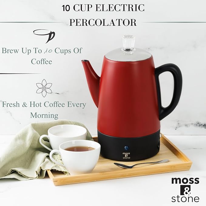 Moss & Stone Electric Coffee Percolator – Red Body Coffee Maker with Stainless Steel Lid, Percolator Electric Pot, Fast Boil 10 Cup Red Camping Coffee Pot