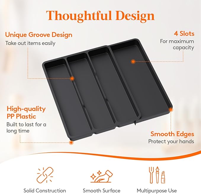 Lifewit Silverware and Cooking Utensil Drawer Organizer Set – Expandable Adjustable Plastic Storage for Cutlery, Flatware, Spoons, Forks, Knives, and Kitchen Tools, BPA-Free, Black