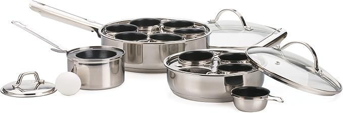 RSVP International Endurance® Egg Poacher Set for 6 Eggs | Glass Lid with Steam Vent | Perfectly Poached Eggs | Includes Non-Stick Poaching Insert | Dishwasher Safe