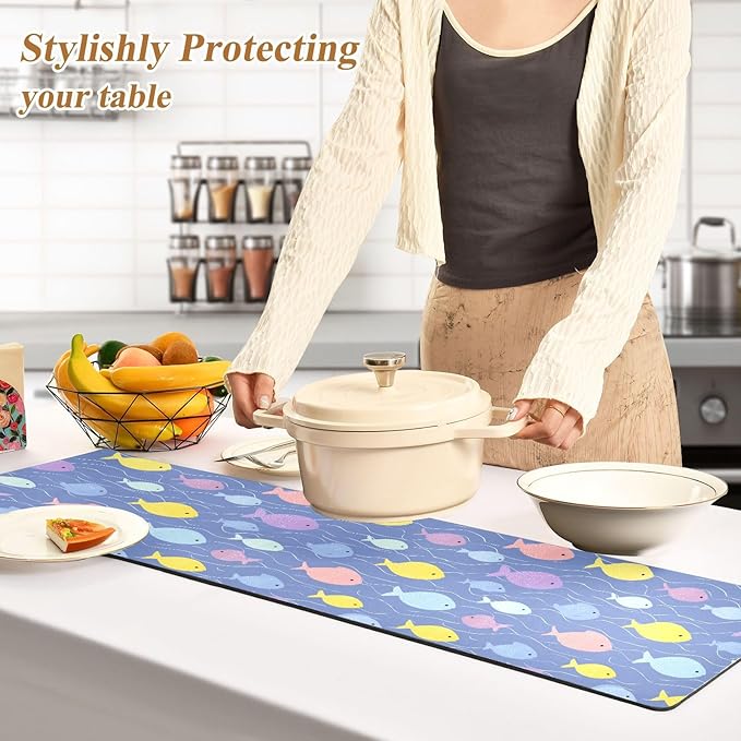 2-in-1 Table Runner Trivet for Hot Dishes Heat Resistant Hot Plate Mat Pad 39x12 Inch Waterproof Table Protector Trivets for Countertop Non Slip Decorative Blue Fishes and Water Ripple