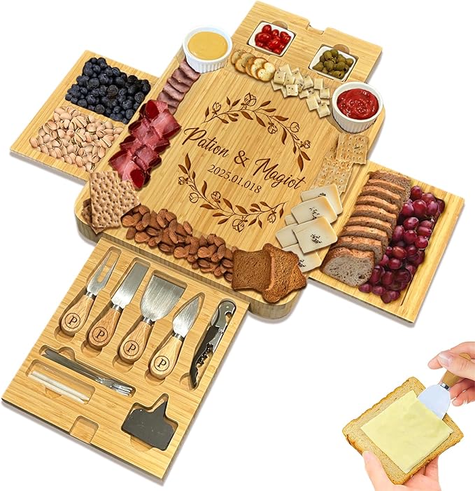 Custom 4-Drawer Bamboo Cheese Board with Utensils Set, Personalized Charcuterie Boards Gift Set, for Kitchen & Entertaining,Wedding,Bridal Shower,Birthday Gift,Housewarming Gift