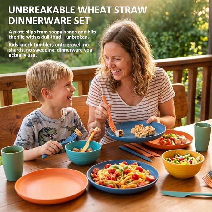 Wheat Straw Dinnerware Sets for 4, Kitchen Plates and Bowls Set, Unbreakable Kids Dishes Set 24 Piece, Microwave & Dishwahser Safe Plastic Dinnerware Set for Camping, RV, Party, Dorm - Multi