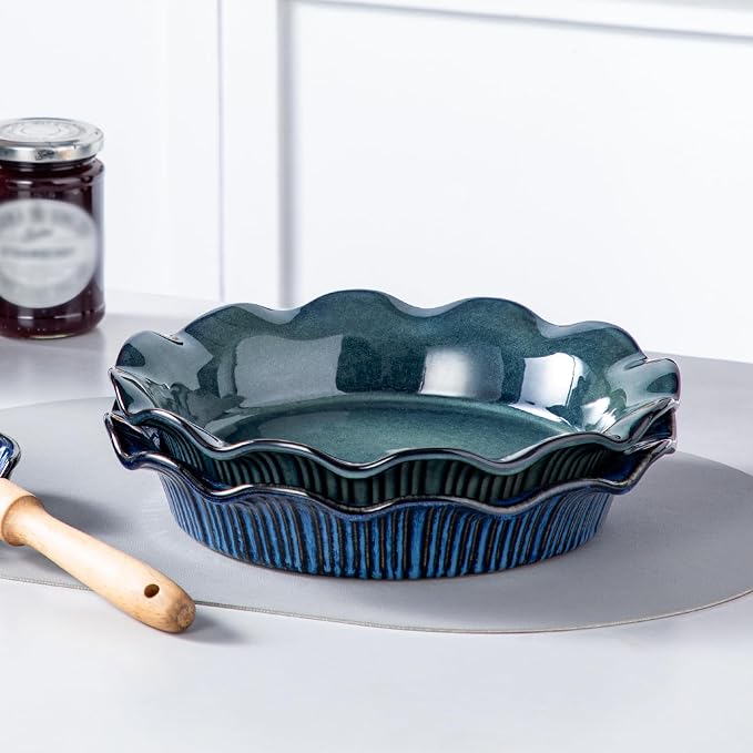 vancasso Ceramic Pie Pan for Baking, 9 inch Deep Pie Plates for Apple Pie, Pot Pie, Tart and Quiche, Reactive Glaze Fluted Pie Pans, Large Pie Dish with Ruffled Edge, Green, STERN Series