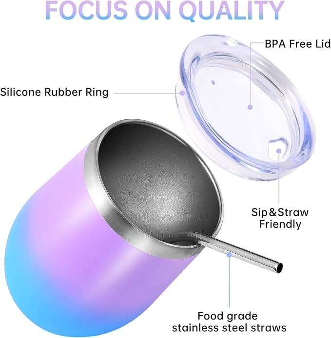 Volhoply 12oz Stainless Steel Wine Tumbler with Lid Bulk 4 Pack,Double Wall Vacuum Stemless Wine Glasses,Reusable Metal Travel Coffe Mug with Straw,Insulated Cup Gifts for Christmas（Lavender,4 Set）