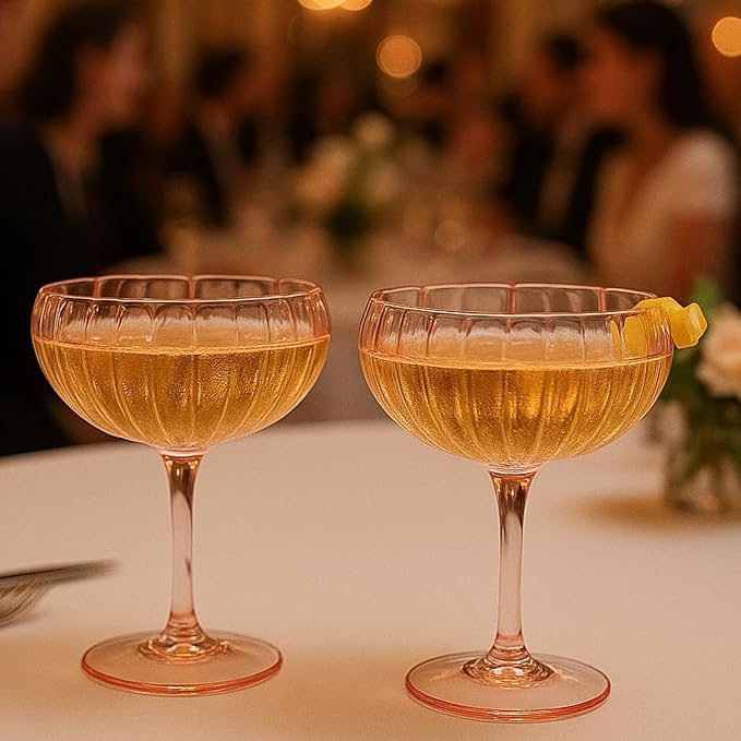Khen Flower Modern Wavy Glass Coupes Martini, Champagne & Cocktail Coupes - Set of 2-7.7oz Colorful Cocktail Glasses & Prosecco, Mimosa Glassware Copyright Design - Blush Pink