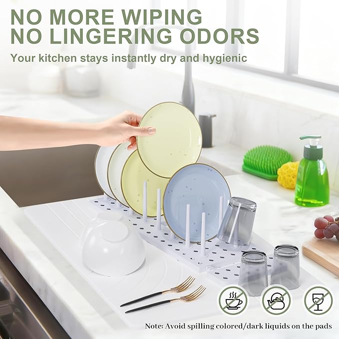 Large Stone Drying Mat for Kitchen Counter, 24" × 16" Diatomite Dish Drying Mat, Ultra Absorbent Diatomaceous Earth Dry Stone Mats with Dish Rack for Dished, Bottles, White