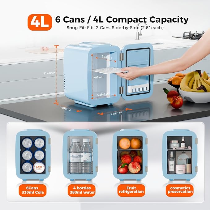 Mini Fridge for Bedroom - 4 Liter/6 Can Mini Makeup Fridge, 110V AC/ 12V DC Portable Thermoelectric Cooler&Warmer for Skincare, Drink, Cosmetic, Medicine, Small fridge for Bedroom, Office, Dorm, Car