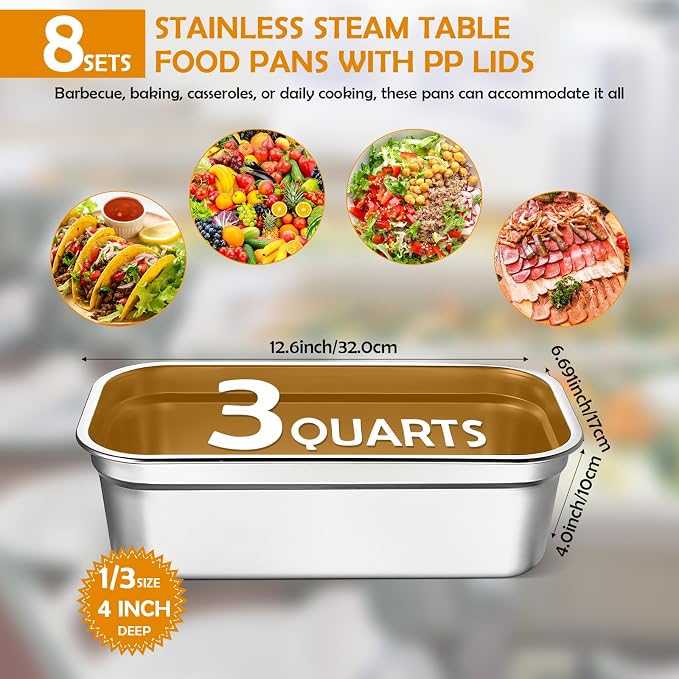8 Pcs 304 Stainless Steel Food Storage Containers with Lids 1/3 Size Hotel Pan Chicken Food Grade Pans Metal Meal Containers for Restaurant Stackable Kitchen Freezer Buffet(4 Inch Deep)