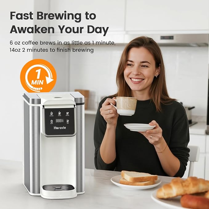 Horavie Single Serve Coffee Maker for K-Cup Pod & Ground, Hot & Iced Coffee Maker, Strong Button Feature, 6 to 14oz Brew Sizes, 50oz Removable Reservoir, Fit 6.5" Mugs, Stainless Steel, White