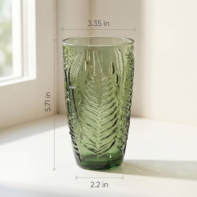 Green Drinking Glasses Set of 8, 16 oz Vintage Hand-Pressed Glass Cups, Fern Textured Highball Tumblers, Antique Style Boho Glassware for Water, Juice, Cocktails & Mocktails, Housewarming Gift Set