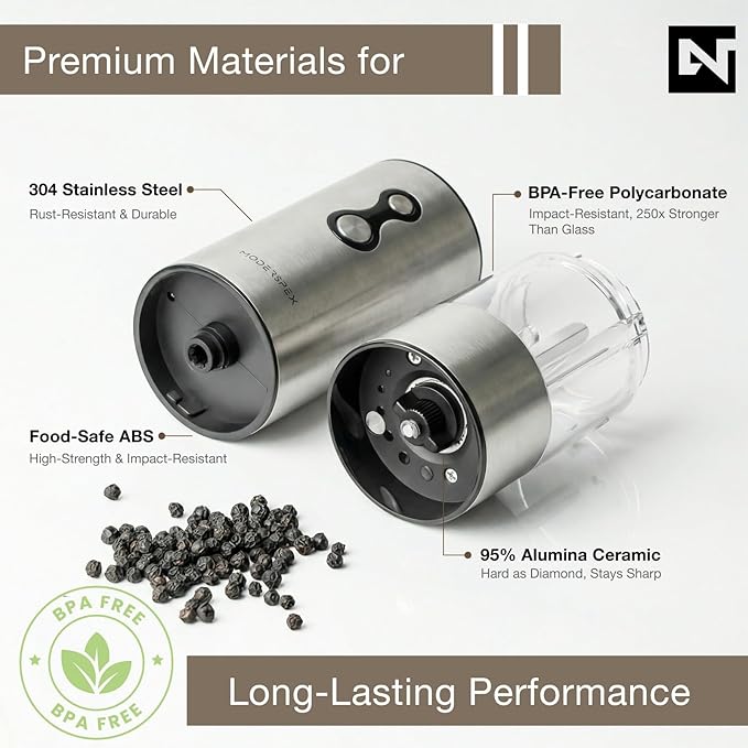 Electric Salt and Pepper Grinder Set USB-C Rechargeable, Dual-Speed Automatic Salt and Pepper Mills with 9 Adjustable Coarseness, Ceramic Burr, LED Light, Refillable, (Stainless Steel)