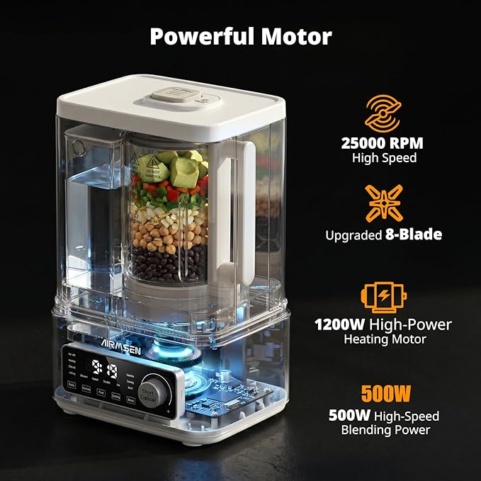 AIRMSEN 11-in-1 Steam Heating Glass Blender for Kitchen, 1200W Professional Countertop Blender with 68oz Removable Water Tank for Smoothies, Milkshakes, Juices, Soups and Sauces, Easy to Clean, White