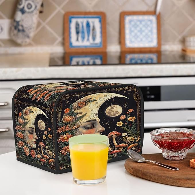 Flowers Moon Mushroom Face Toaster Cover 4 Slice Dust and Fingerprint Protection Toaster Bread Maker Covers Washable Kitchen Small Appliance Covers for Kitchen Accessories Decor Bakeware Women Gift