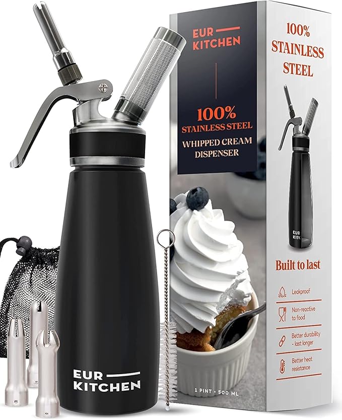 EurKitchen Stainless Steel Professional Whipped Cream Dispenser - Leak-Free Whip Cream Maker Canister - 3 Decorating Nozzles & Cleaning Brush - 1Pint /500 ML Cream Whipper - N2O Charger (Not Included)