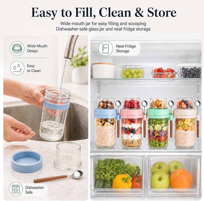 2 Pack Overnight Oats Containers with Lids, Glass Meal Prep Jars, Salad Jars with Spoons, Leakproof Overnight Oats Jars with Dry and Wet Separation for Oatmeal Salad Yogurt, BPA Free