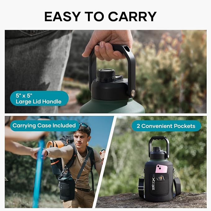 BUZIO 1 Gallon Water Jug Insulated, Stainless Steel Bottle With Large Handle & Spout Lid, 3.58" Big Wide Mouth BPA-Free Leakproof Metal Water Flask For Camping, Adventure, Sports, Green