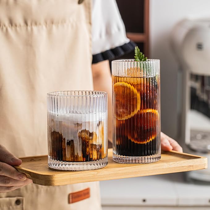 INSETLAN 12-Piece Ribbed Glassware - 6 Highball Glasses 12 oz, 6 Rocks Glass Cups 14 oz, Vintage Cocktail Drinking Glasses, Ideal for Wine, Juice, Water, Ice Coffee Cup, Whiskey, Mixed Drinkware