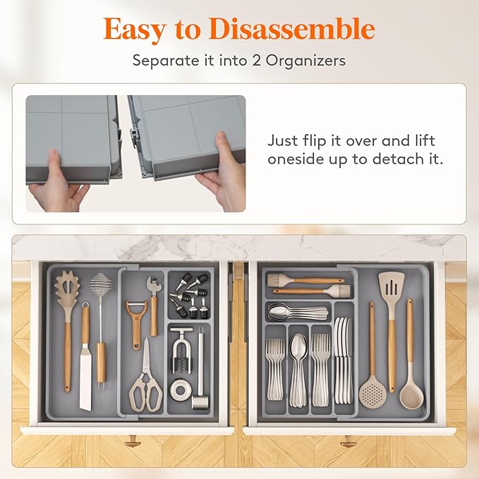 Lifewit Silverware and Cooking Utensil Drawer Organizer Set – Expandable Adjustable Plastic Storage for Cutlery, Flatware, Spoons, Forks, Knives, and Kitchen Tools, BPA-Free, Gray