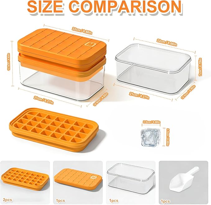 Effortless Ice Cube Tray, One-Second Release Ice Maker with Large Storage Bin and Ice Scoop, 2-Pack Stackable Silicone Trays Makes 56 Cubes, Odor-Free & Space-Saving for Cocktails & Coffee