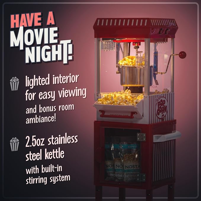 Nostalgia Popcorn Maker Machine - Professional Cart With 2.5 Oz Kettle Makes Up to 10 Cups - Vintage Popcorn Machine Movie Theater Style - Red & White
