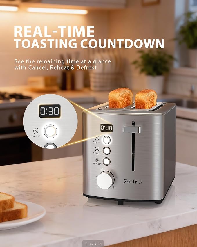 2 Slice Toaster with Wide Slots for Bread & Bagels, Stainless Steel Toaster with Digital Countdown, 6 Shade Settings, Defrost, Reheat & Cancel, Compact Design for Kitchen