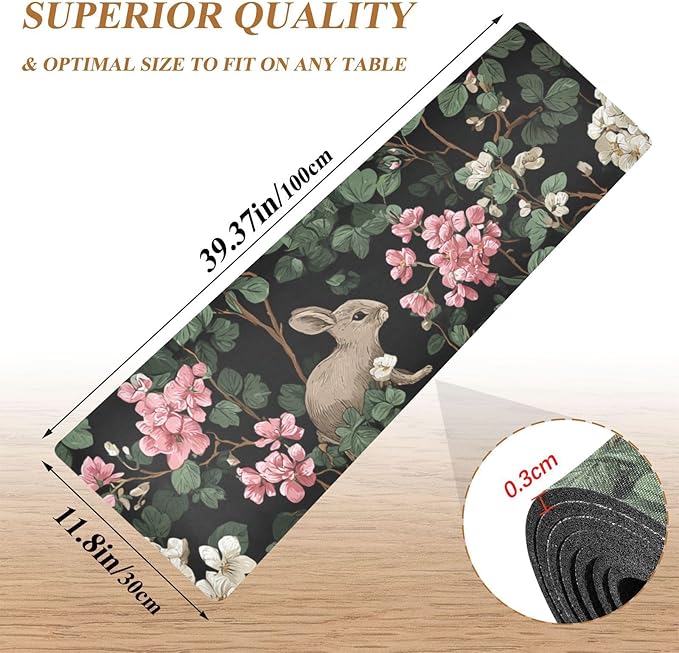 2-in-1 Table Runner Trivet for Hot Dishes Heat Resistant Hot Plate Mat Pad 39x12 Inch Waterproof Table Protector Trivets for Countertop Non Slip Decorative Retro Black Rabbits and Flowers