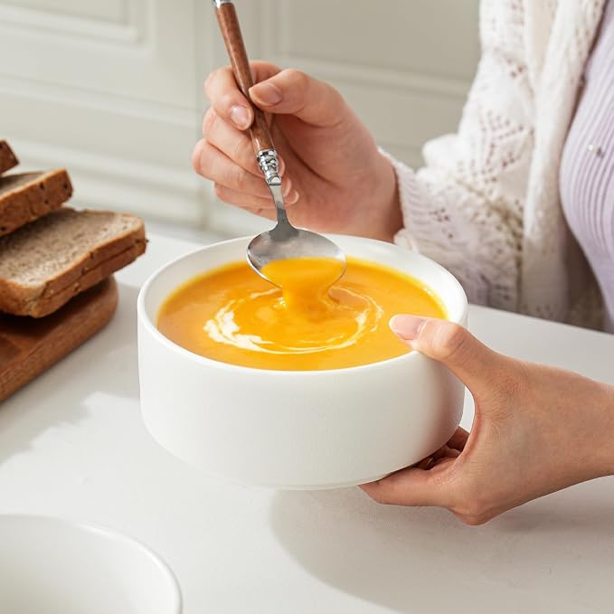 Stoneware Cereal and Soup Bowls Set of 4, 6 Inch Matte Glaze Ceramic Bowls for Breakfast & Oatmeal, Microwave and Dishwasher Safe, Matte White