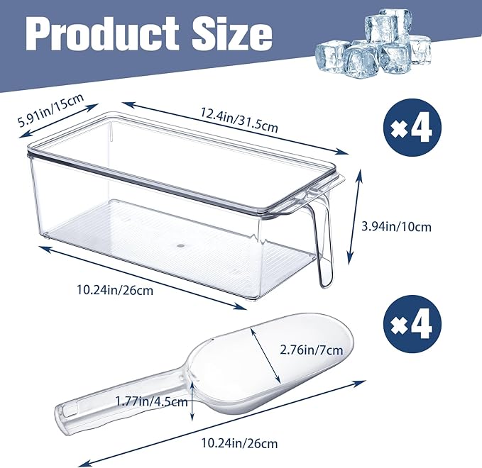 Havawish 8 Pcs Ice Storage Bin for Freezer with Lid and Flexible Scoop Set Plastic Ice Container with Lid Handle for Home Office Fridge Storage (12.4 x 5.91 x 3.94 Inches,Clear)