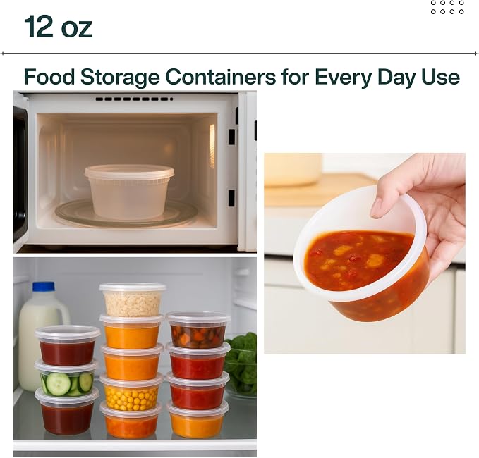 [12oz-100 Set Plastic Deli Containers with Lids - BPA Free Clear Soup Containers with Airtight Lids, Leak Resistant Food Storage for Meal Prep, Stackable/Microwave/Dishwasher/Freezer Safe