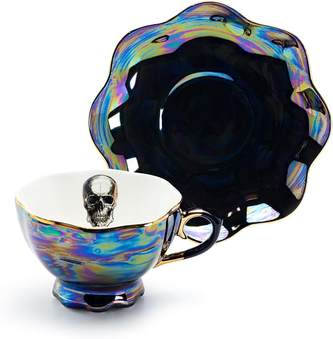 Grace Teaware Skull Black Gold Luster Tea Cup and Saucer with Gold Trim