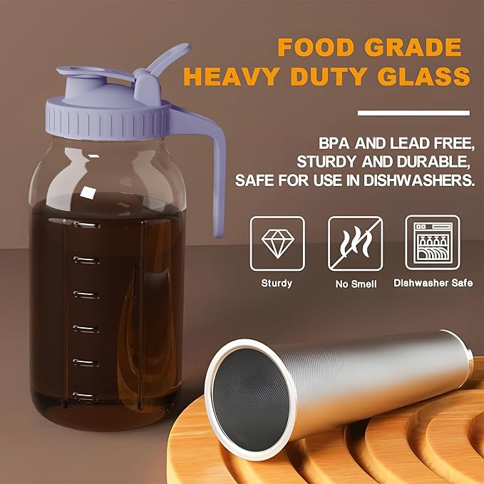 JunVpic Cold Brew Coffee Maker Jar - 64oz Thick Glass Multipurpose Mason Pitcher Spout Lid with Handle & Stainless Steel Filter for Iced Coffee, Lemonade, Ice Tea, Homemade Fruit Drinks Container