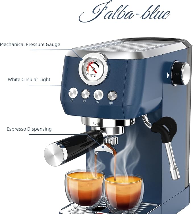 MAttinata Espresso Machine 20 Bar, Compact Espresso Maker with Milk Frother | Coffee Maker, Professional Pump, Steam for Cappuccino Latte, Barista Pressure Gauge, Small for Home, Stainless Steel, Blue