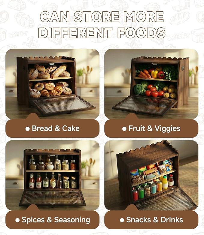 Bread Box for Kitchen Countertop Wooden Double Layer Bread Storage Container Bin Breadbox Holder Large Capacity Keeper Vintage Farmhouse Food Organizer (Brown, Large)