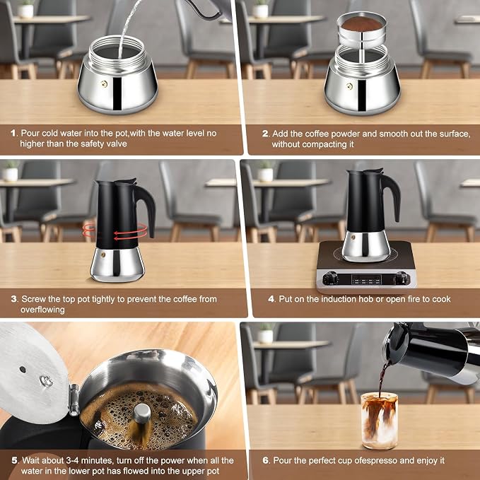 4 Cup Stovetop Espresso Maker Stainless Steel Moka Pot Stove Top Percolator Italian Coffee Makers Capable Mocha Greca Machine Cafe Classic Induction Cookers for Home and Camping 200ml 6.6oz