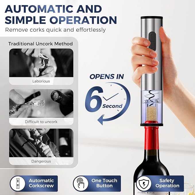 6-in-1 Electric Wine Opener, Battery Operated Automatic Wine Opener with Foil Cutter, Aerator, Vacuum Stopper & Base, One-Touch Operation, Stainless Steel, Sliver, Perfect for Home Bar, Gifts, Outdoor