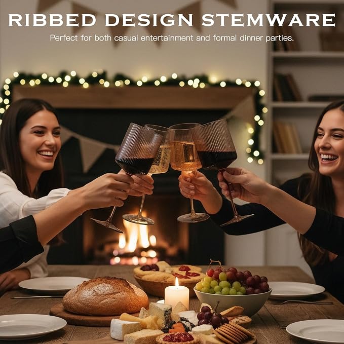 Smokey Gray Square Wine Glasses Set of 6, Elegant Ribbed Design Colored Crystal Glassware with Long Stem, 11.5oz Hand Blown Stemware For Red & White Wine Home Bar Party