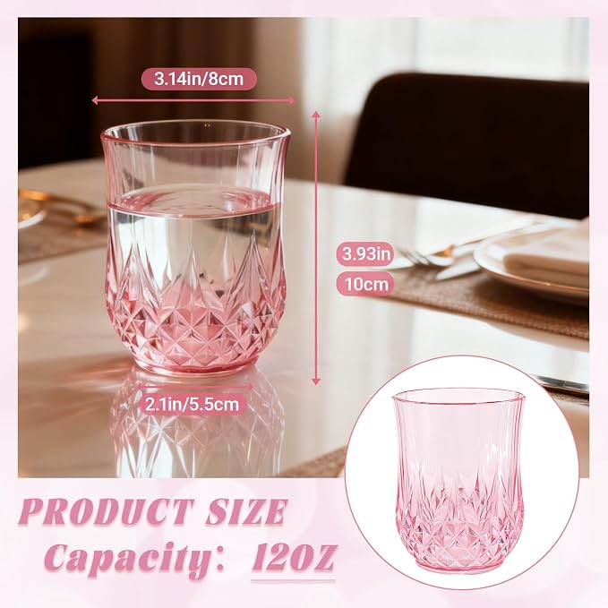 24 Pack Plastic Stemless Wine Glasses,12oz Unbreakable Vintage Elegant Drinking Glass Set,Reusable Fancy Cocktail Cups for Party, Wedding, and Bulk Events (24, 12oz-Pink)