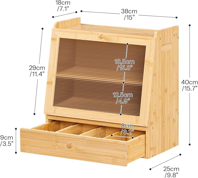 HOOBRO Bread Box, Bamboo Bread Box for Kitchen Countertop, 2-Tier Bread Storage Container with Drawer, Bamboo Food Cabinet with Acrylic Door, for Kitchen, Dining Room, Natural YL21MB01