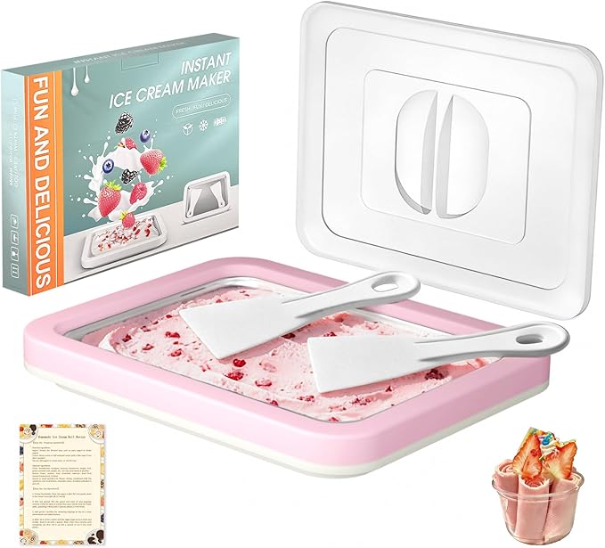 Rolled Ice Cream Maker Kit with Lid, 2 Spatulas & Recipe Guide - Instant Freeze Tray for Homemade Roller Ice Cream, Fun Family Activities (Pink)