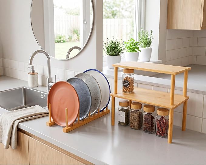 Marsui 4 Pcs Kitchen Organizer Accessories Set Cabinet Organizer Shelf and Bamboo Dish Drying Plate Rack Counter Shelves Storage Holder for Spice Rack, Dish, Pot Lid, Bowl, Cup (Wood Color)