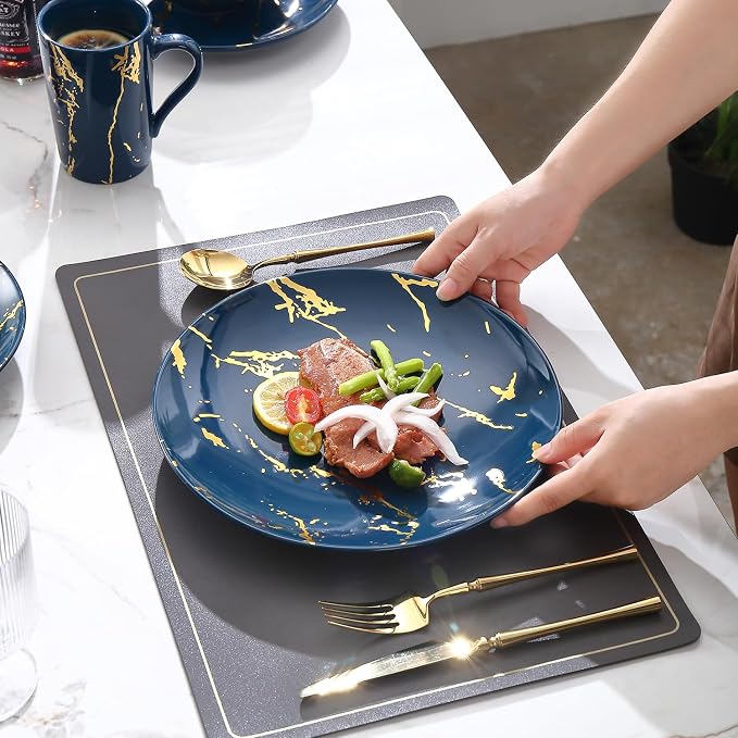 Modern Porcelain 16 Piece Blue Dinnerware Set,Plates and Bowls Sets,Gold Dish Set for 4,Blue Dinnerware Set,Dinner Sets with Dinner Plates.
