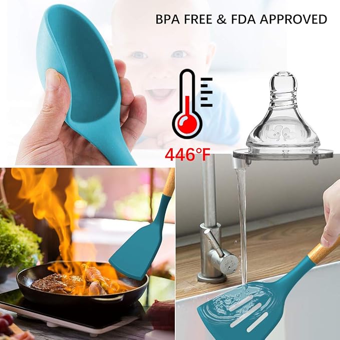 Umite Chef Kitchen Cooking Utensils Set, 33 pcs Non-stick Silicone Utensils Spatula Set with Holder, Silicone Kitchen Gadgets Utensil Set(Dark Blue)