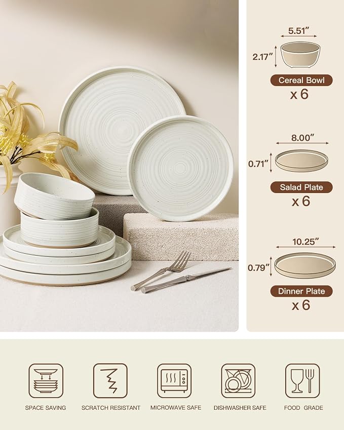 Stoneware Dinnerware Sets for 6, 18-Piece High Edge Plates and Bowls with Speckled Glaze & Spiral Design - Chip & Scratch Resistant, Microwave & Dishwasher Safe - Gift Box, Cream