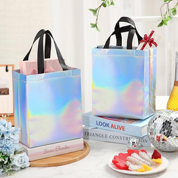 Eccliy Reusable Gift Bags Set Glossy Grocery Gift Tote Bag with Handle for Wedding, Bridal Shower, 4th of July, Summer Event(10 x 8 x 4.7 Inch,Rainbow,80 Pcs)