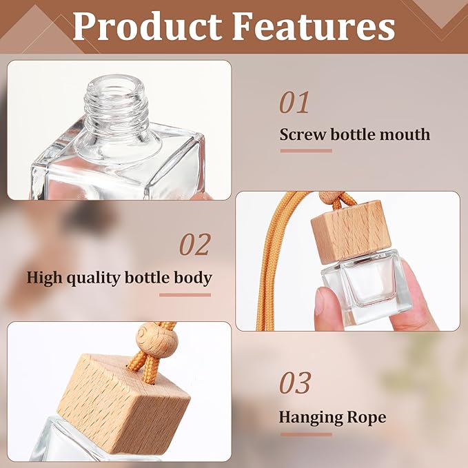 Rtteri 100 Pcs Hanging Car Air Freshener Diffuser Bottles Empty Glass Perfume Diffuser Vials Refillable Oil Aromatherapy Pendant with Wooden Caps and Hanging String for Car Home Office Decor(Square)