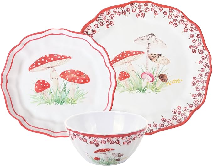 UPware 12 Piece Mushroom Melamine Dinnerware Sets, Outdoor Dishes Set, Plates and Bowls Sets, Service for 4, Red
