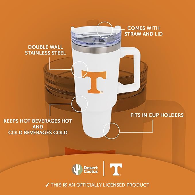 Desert Cactus University of Tennessee UT Knoxville Volunteers Vols Large Insulated Stainless Steel Handle Lid Straw Reusable Double Walled Cup Hot Cold Drinkware (40oz Ounce Rally Tumbler Design E)