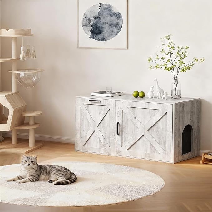 Cat Litter Box Enclosure Furniture with Storage Compartment, Hidden Litter Box Cabinet with Dedicated Space for Trash Can for Living Room, Bedroom, 35.4 x 19.4 x 17.7 Inches，Taupe